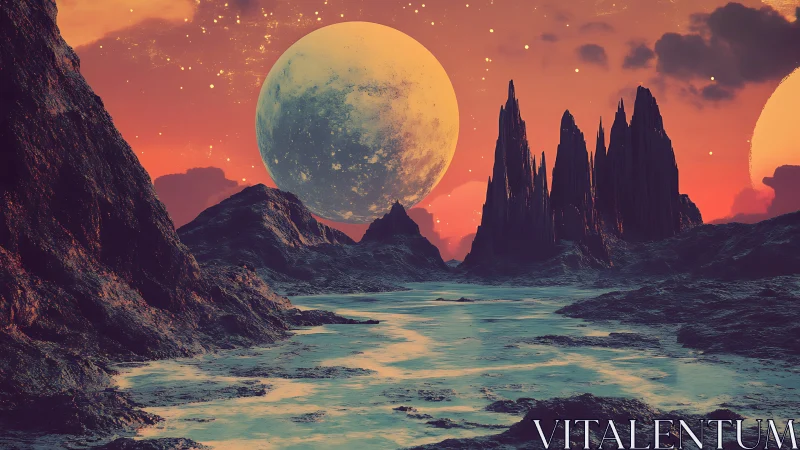 Alien coastal landscape with twin moons and rocky spires.