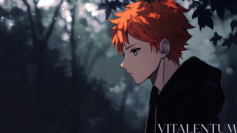 Melancholic profile of orange‑haired boy in soft bokeh forest