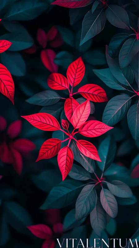 Radiant red leaves glowing softly against deep teal foliage.