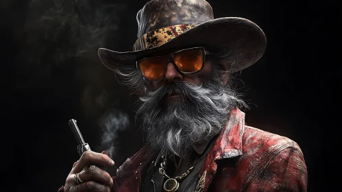 Aged gunslinger in dramatic 3D portrait lighting holds revolver