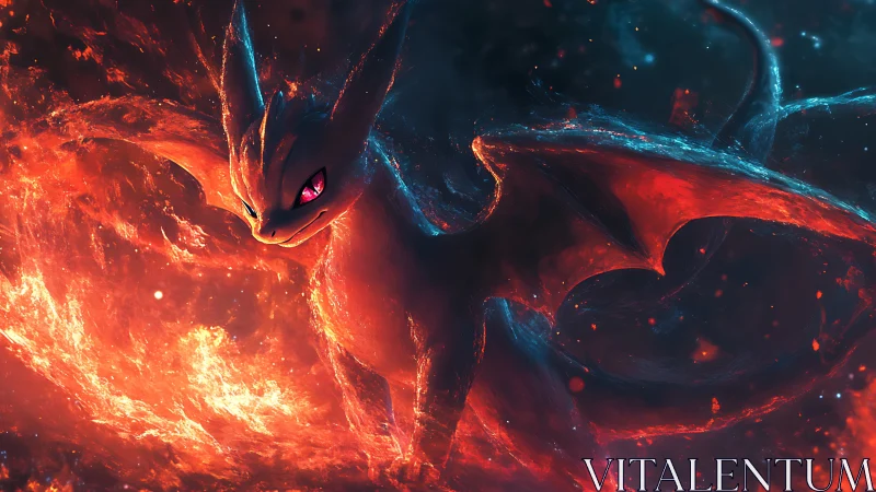 Fire dragon silhouette cuts through molten storm in space