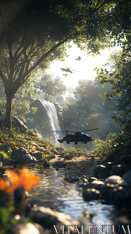 Military drones skim sunlit jungle river beside distant waterfall