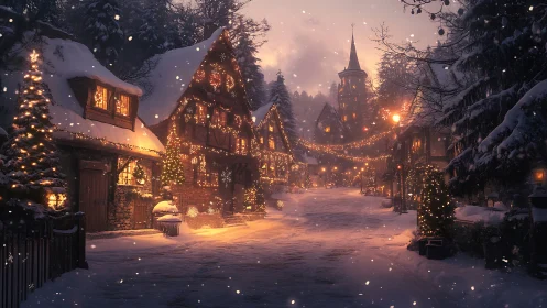 Snow-covered village street glows with dense warm festive lighting