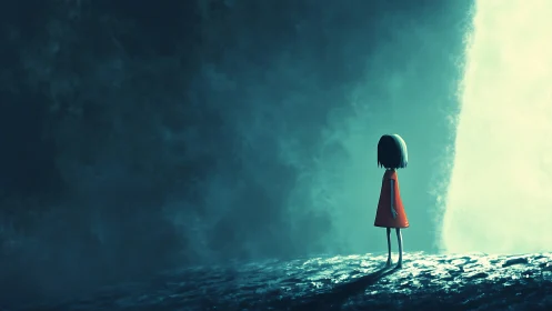 Solitary child in red dress before glowing unknown.