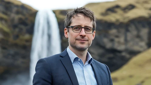 Professional man stands confidently before misty cliff waterfall