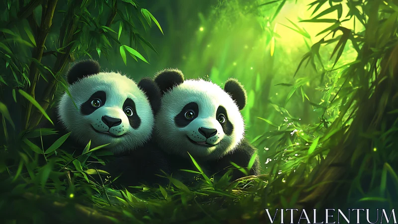 Cartoon panda pair in dense green bamboo forest setting.
