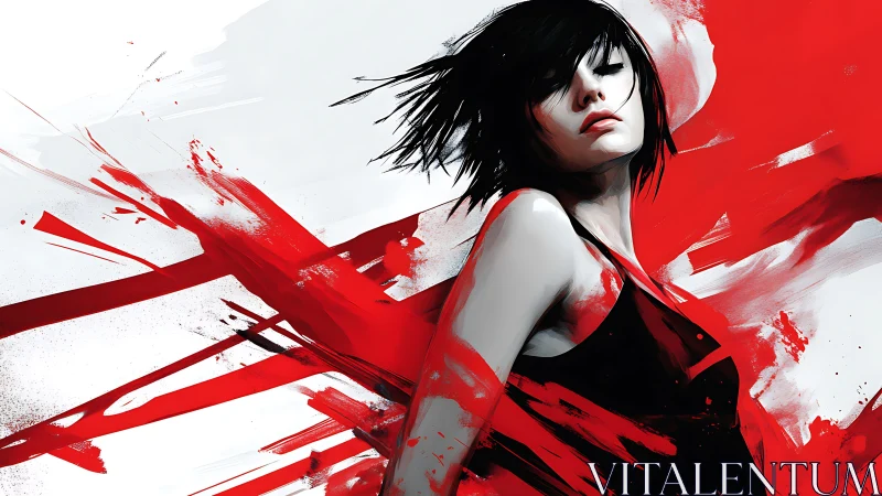 Kinetic digital portrait with high-contrast red vector splashes.