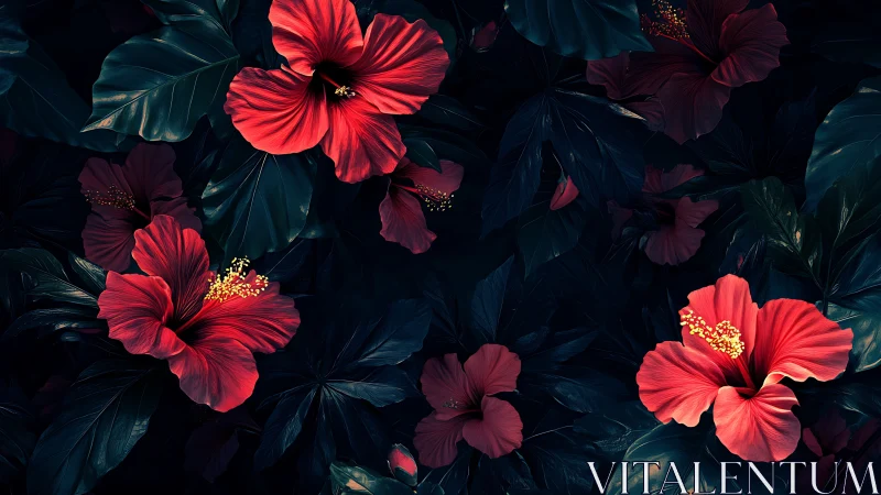 Neon Hibiscus Bloom: Tropical Fire Dances Across Midnight Velvet