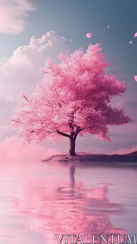 Solitary pink blossom tree rendered over calm reflective water