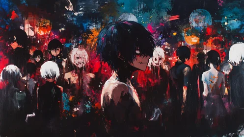 Crowded neon dystopia isolates a central anime antihero