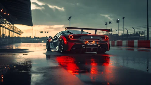 Twilight reflections with a red supercar on wet racetrack.