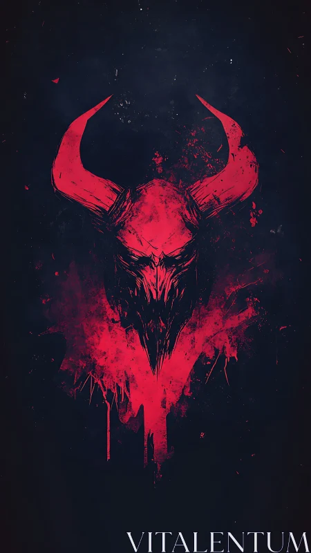 Red horned skull emblem on dark abstract background.