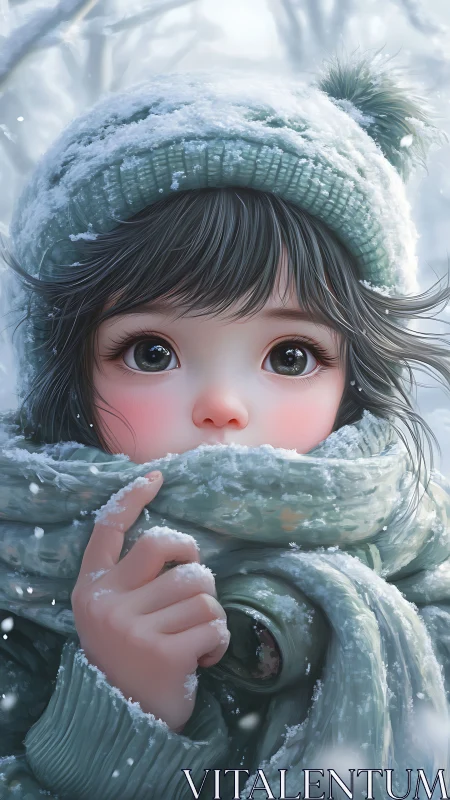 Snowy winter portrait of bundled child in soft pastels.