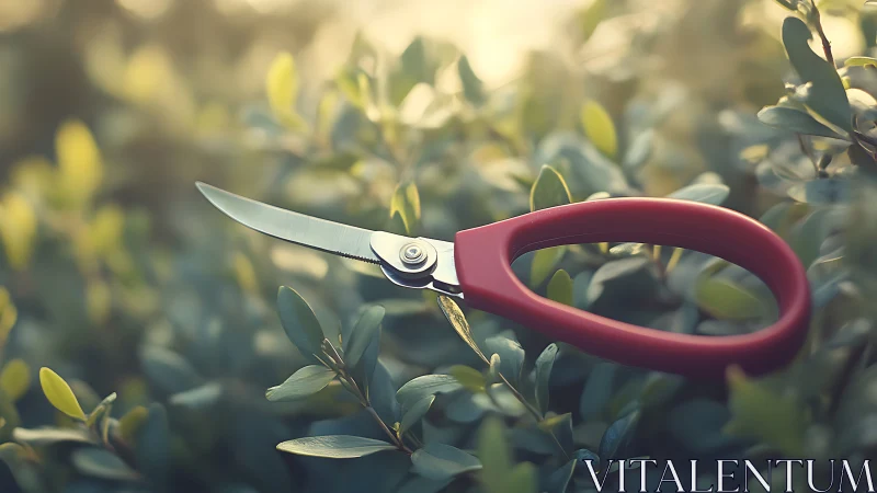 Garden pruning shears rest quietly among sunlit foliage