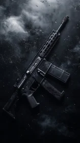 Black modular rifle lies diagonally on dark smoky surface