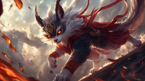 Dynamic fantasy fox warrior in airborne diagonal composition.