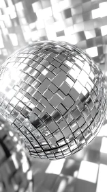 Silver mirrored disco sphere in a geometric light storm.