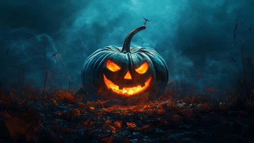 Glowing jack-o-lantern rests in a foggy outdoor clearing