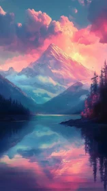 Mountain lake landscape with vivid sky reflection at dusk.