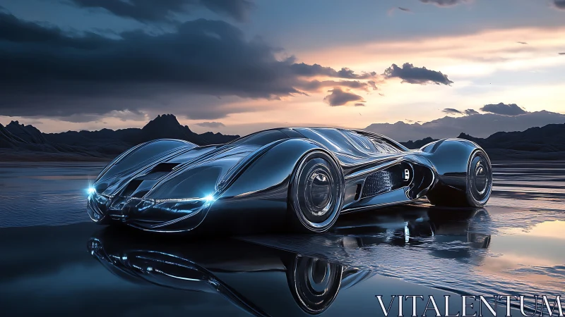 Futuristic chrome hypercar glides across reflective wet salt plain
