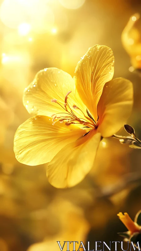 Golden yellow flower glows in radiant morning light.