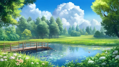 Clouds rehearse above a lily pond crossed by quiet bridge