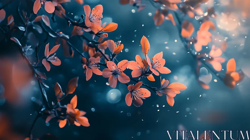 Orange blossoms on branches with cool bokeh background.