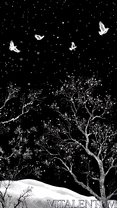 Monochrome winter silhouettes depict birds over snowy trees