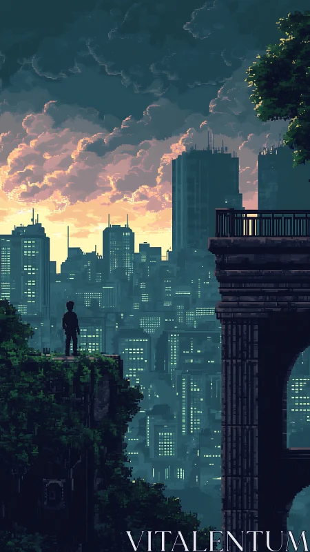 Sunset city skyline viewed from a quiet pixel cliffside.