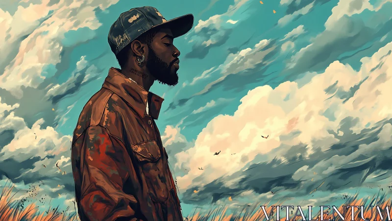 Quiet skywalk with a thoughtful stranger in tall grass.