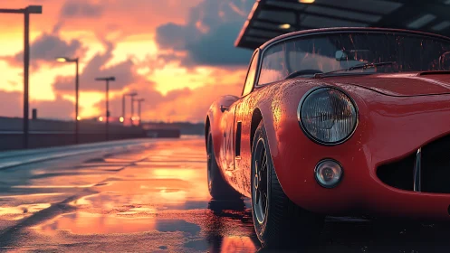 Red sports car on wet rooftop under sunset sky.