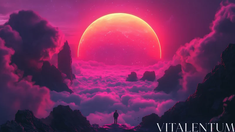 Neon sun rises above dreamlike alien cloudscape horizon.