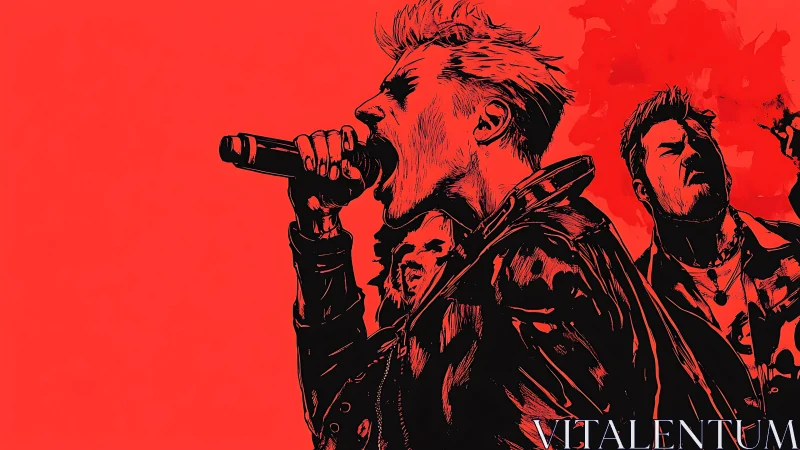 Scarlet stage roar with ink-slashed punk rock shadows.