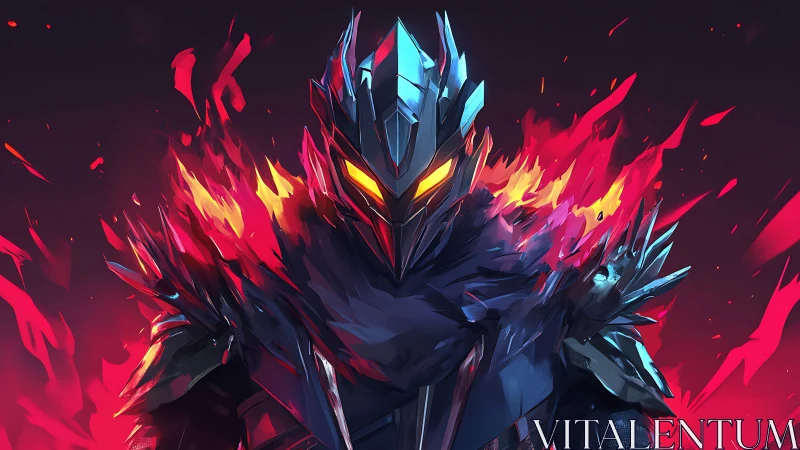 Flame-armored dark knight emerges through blazing embers