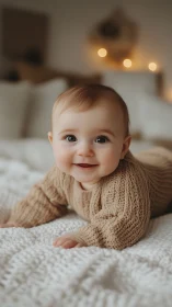 Smiling Infant in Beige Knit Lying on Textured White Blanket.