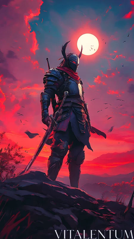Armored warrior under red sunset sky with full moon.