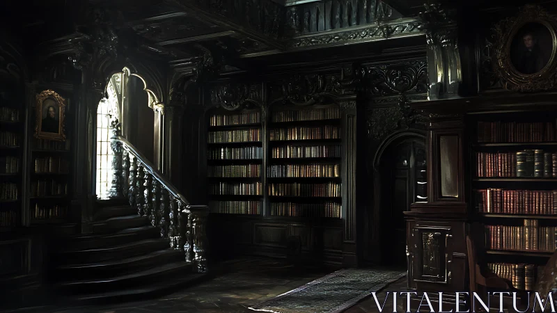 Gothic library interior with ornate staircase and bookshelves.