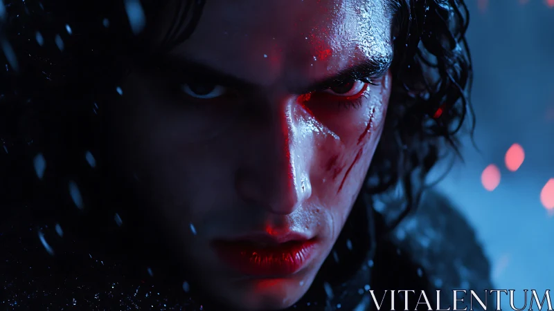 Brooding warrior portrait under icy red-blue light.