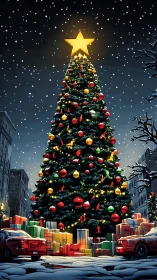 Glowing city Christmas tree wrapped in lights and presents.