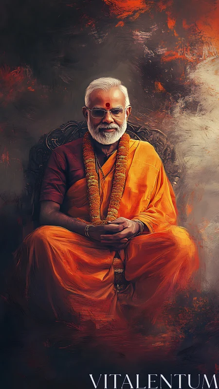 Seated elder in orange robes is rendered in digital portrait
