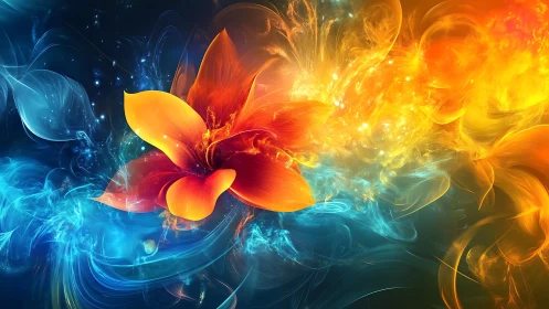Fiery abstract flower between cool blue swirling energy.