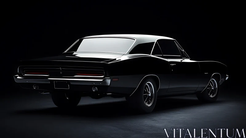 Midnight muscle car poised in softly glowing studio light.