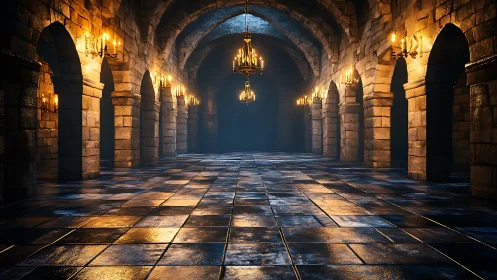 Torchlit stone hall with arches and reflective tile floor.