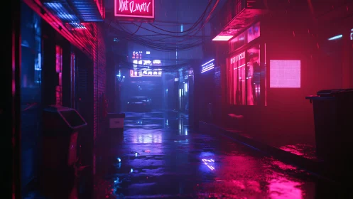 Neon lit urban alley at night with wet reflective pavement.