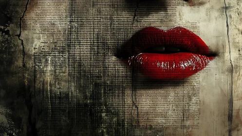 Crimson lips rewrite old newsprint with silent, glossy drama