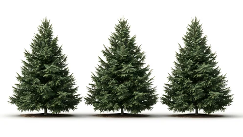 Evergreen fir trees aligned on clean white studio background.