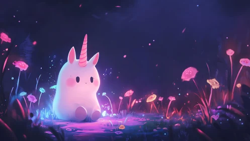 Chubby pastel unicorn sitting in glowing neon flower field.