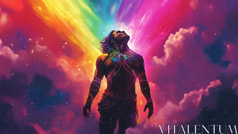 Mythic figure ignites within radiant prismatic skyburst.