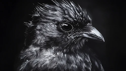 Realistic black and white bird portrait in scratchboard art style.