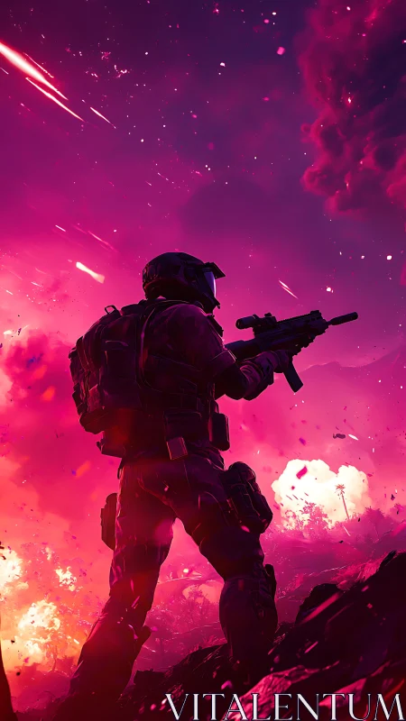 Neon dusk commando walking through a star-slashed battlefield.